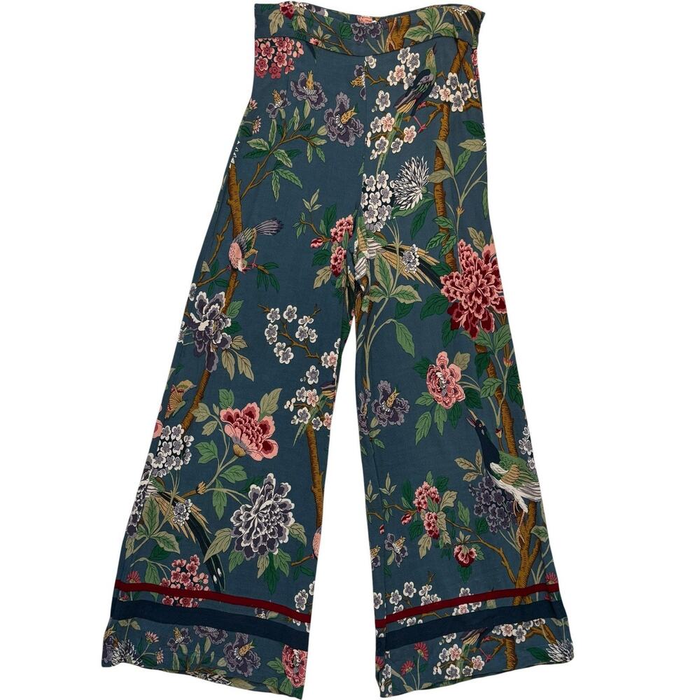 H&M GP & J Baker Print Wide Leg Trousers Pants Size 10 Floral Birds High Rise